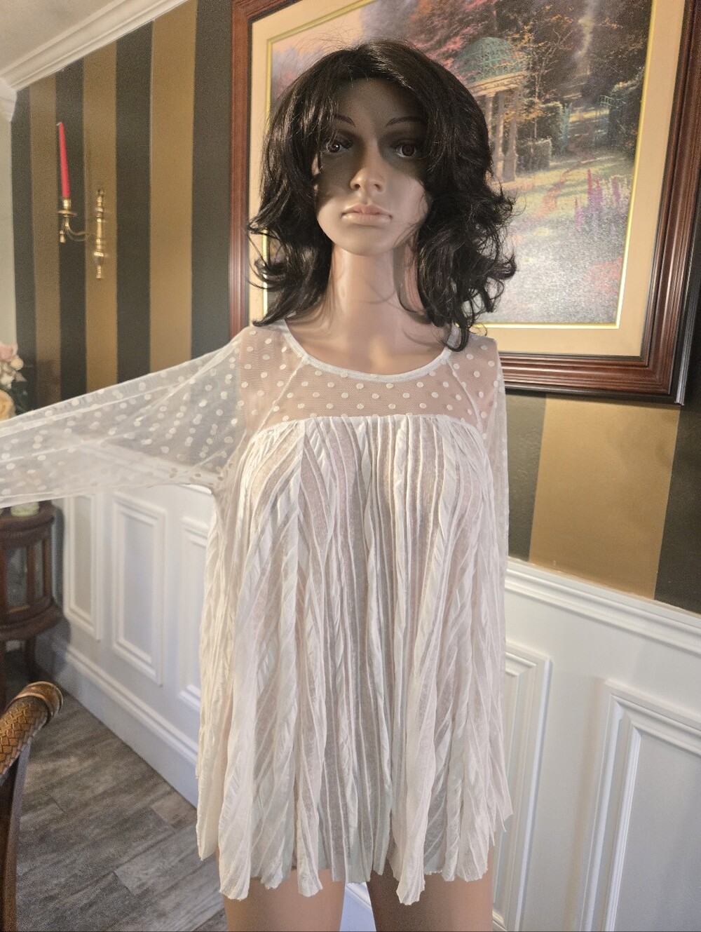 Sheer Polka Dot Cream Babydoll Tunic - Brand: